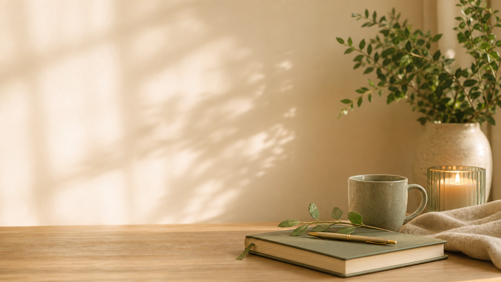A calm journal, mug, candle, and greenery in warm morning light