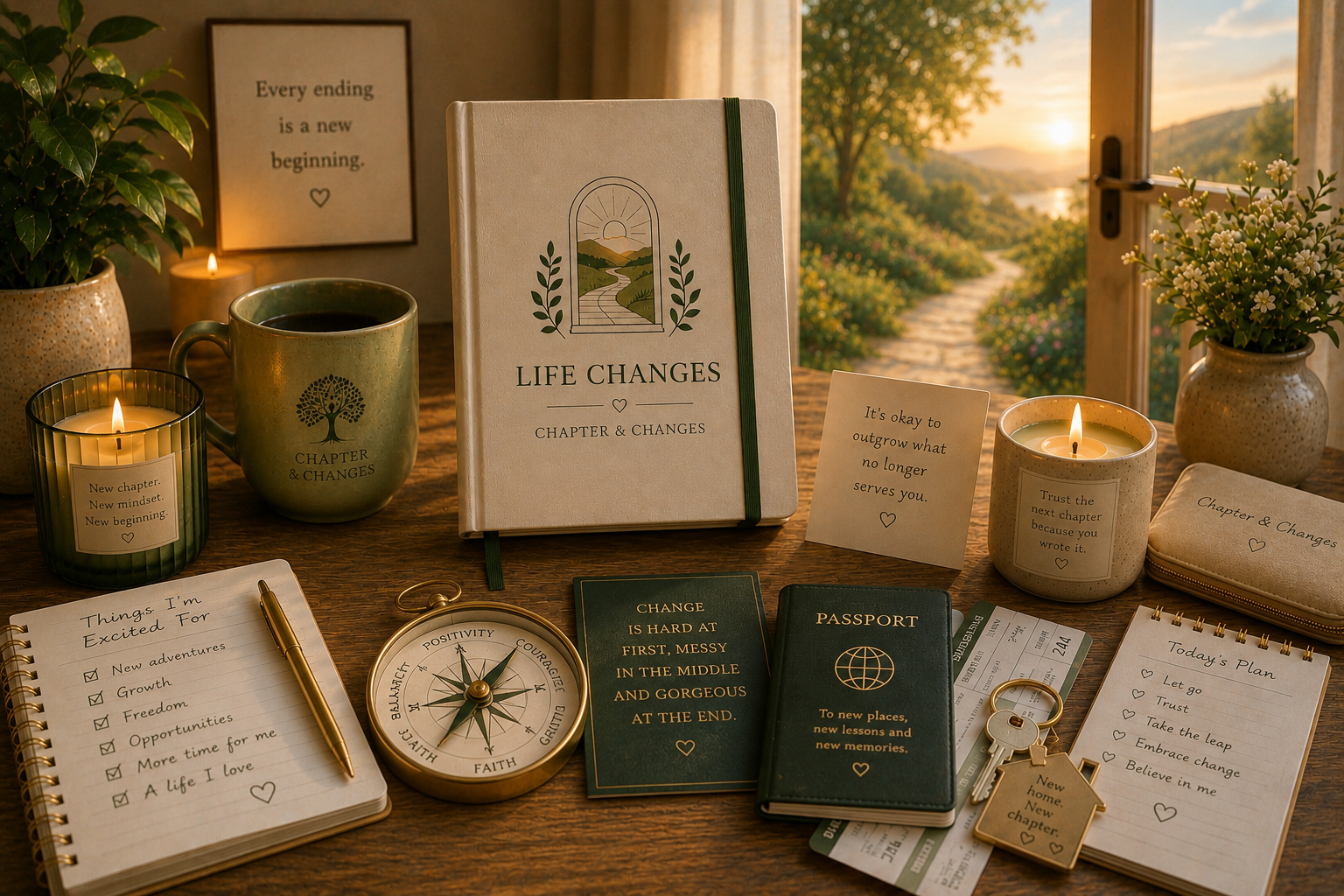 A warm desk scene with journals, candles, travel items, and Chapter & Changes products