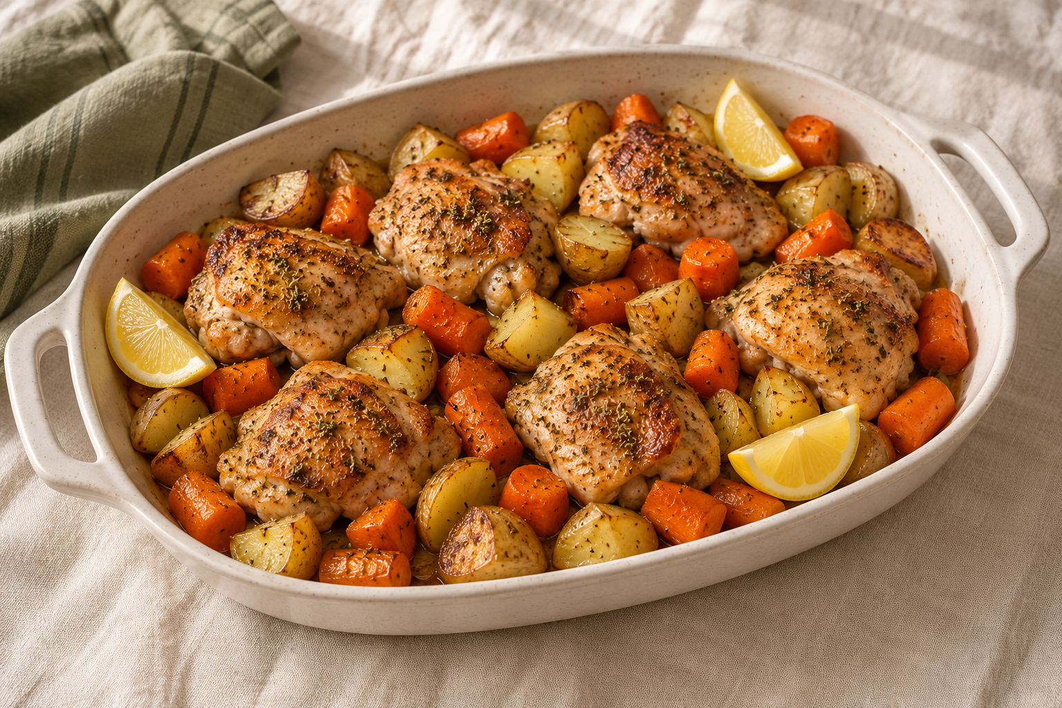 Roasted lemon chicken with golden potatoes and carrots in a ceramic serving dish.