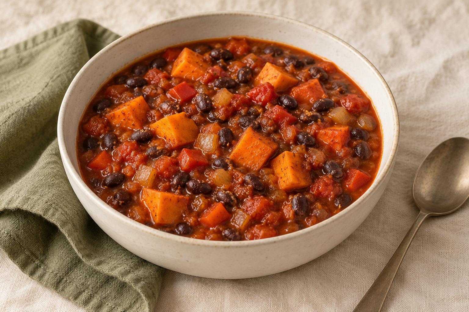 Sweet potato and black bean chili with tomatoes and bell pepper in a cream ceramic bowl.